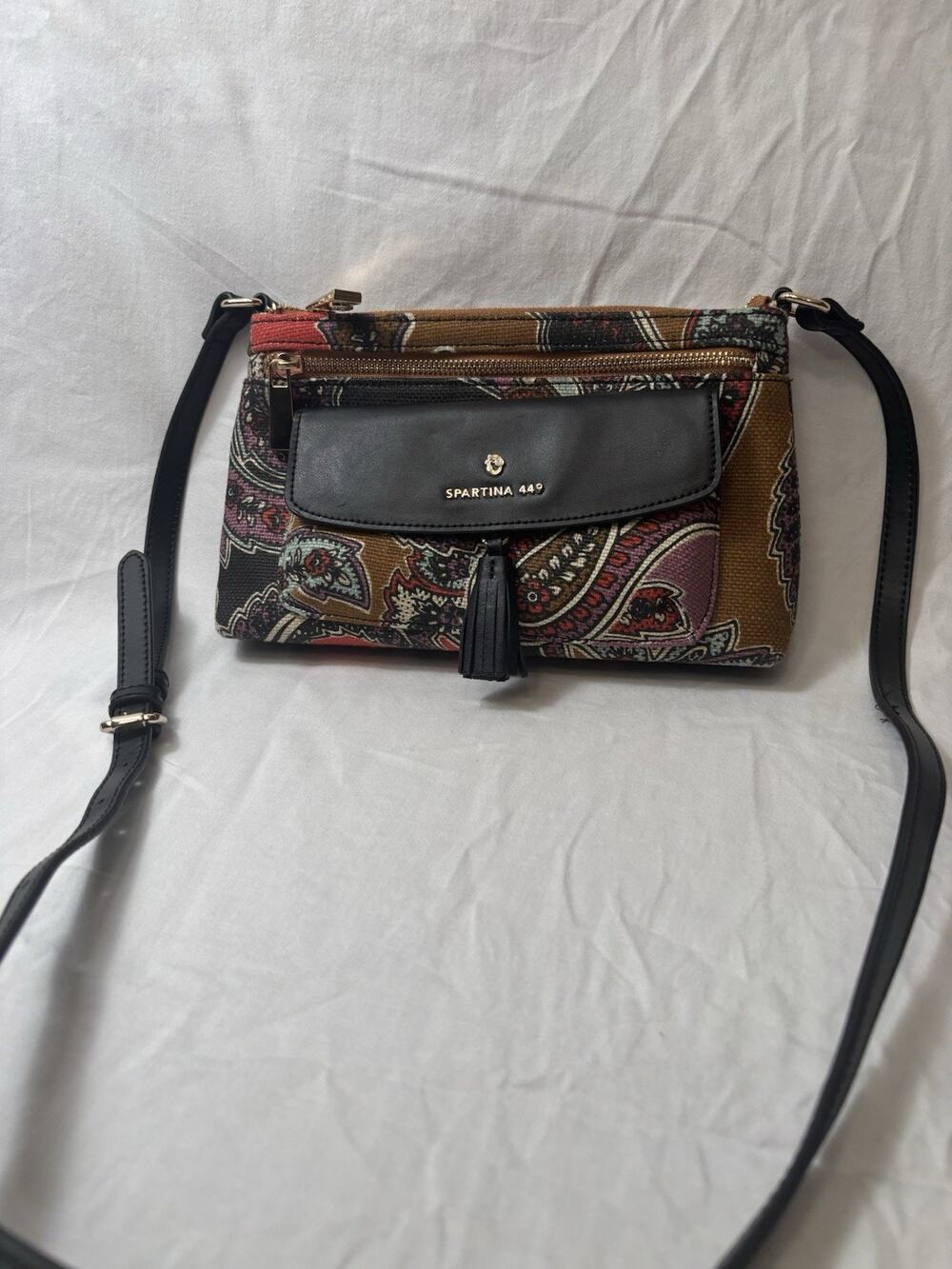 Spartina 449 Women's Purse Brown Tan Canvas Colorful Floral Leather Trim